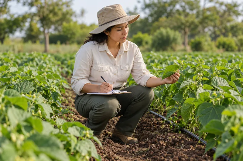Una agrónoma examina las hojas de un cultivo de frijol y registra sus observaciones